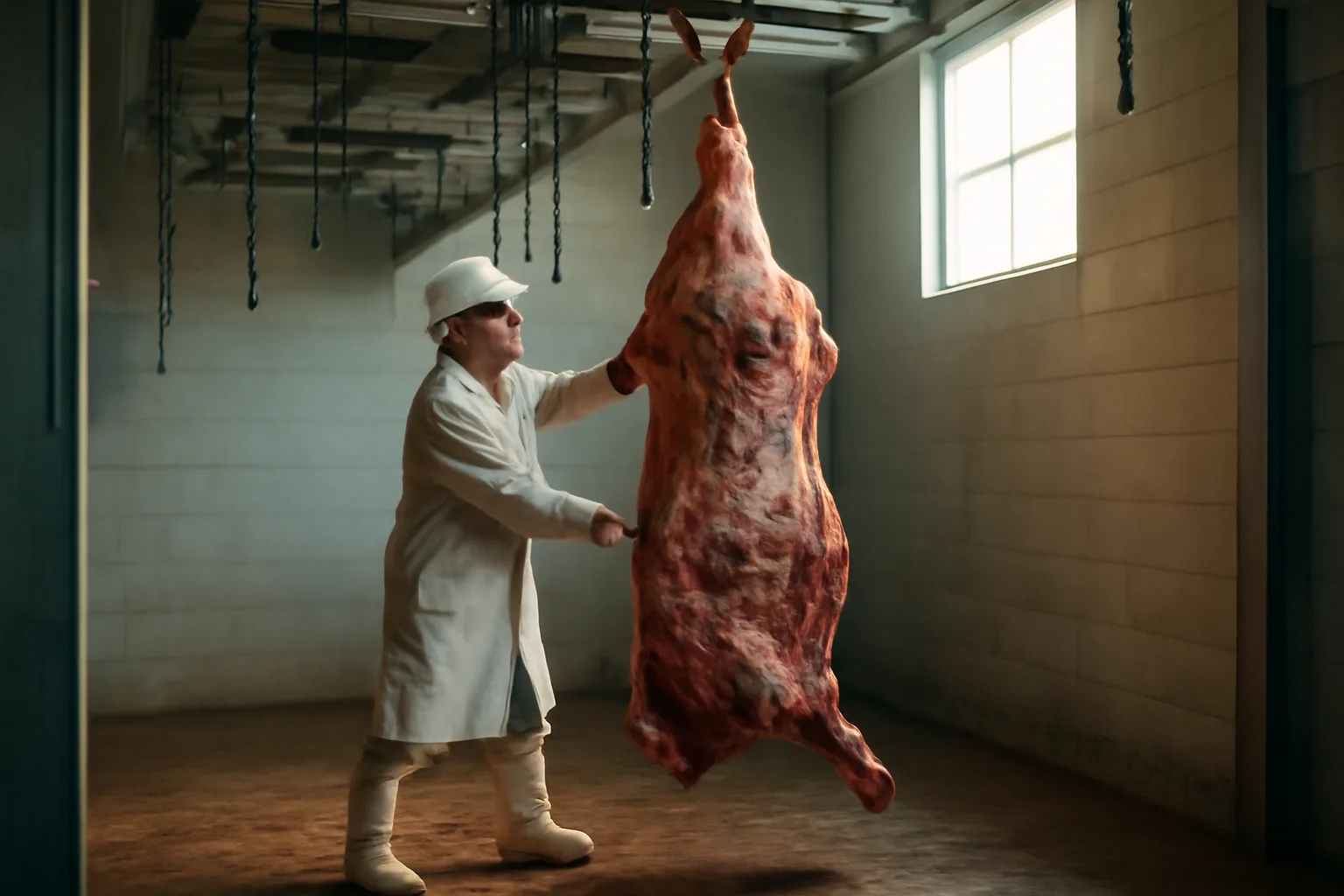 Custom exempt slaughter plant in Arkansas with hanging beef carcass and worker
