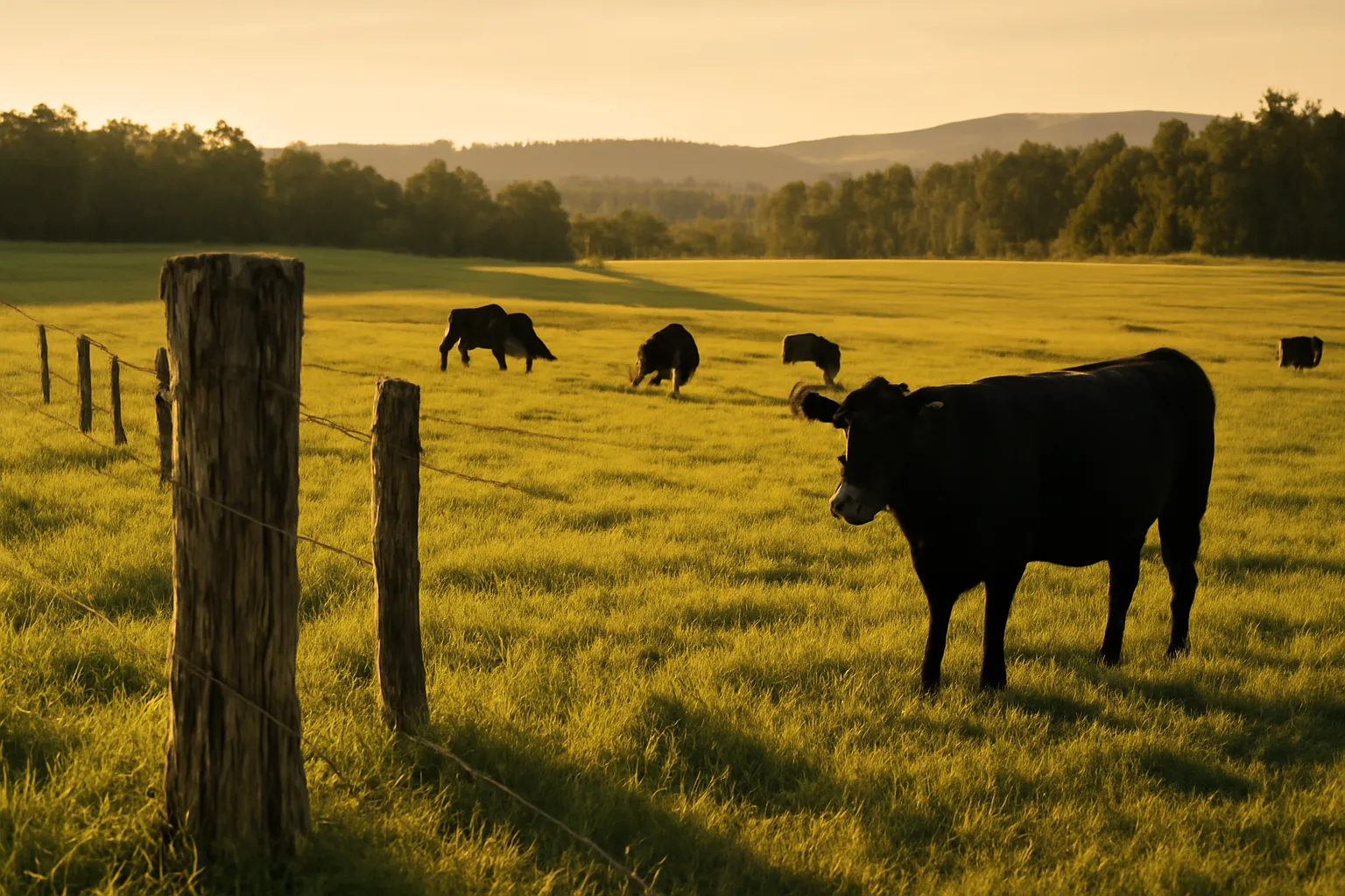 Black Angus cattle grazing on an Alabama farm at golden hour