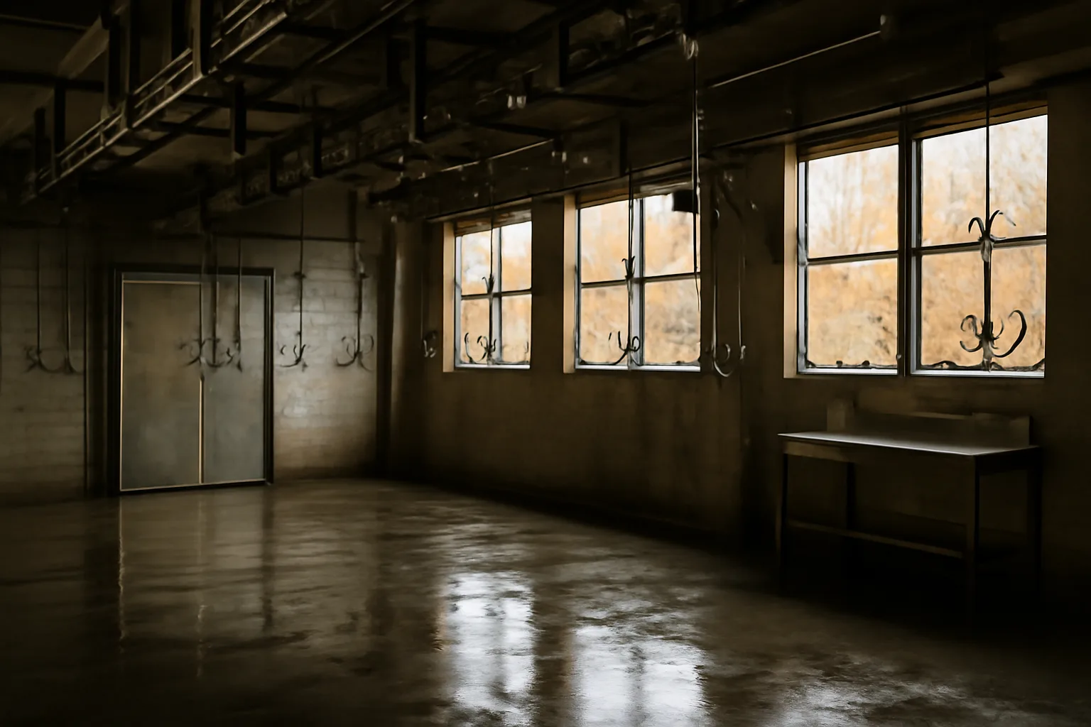 Clean rural Alaska custom slaughter facility interior with stainless steel hooks and concrete floor
