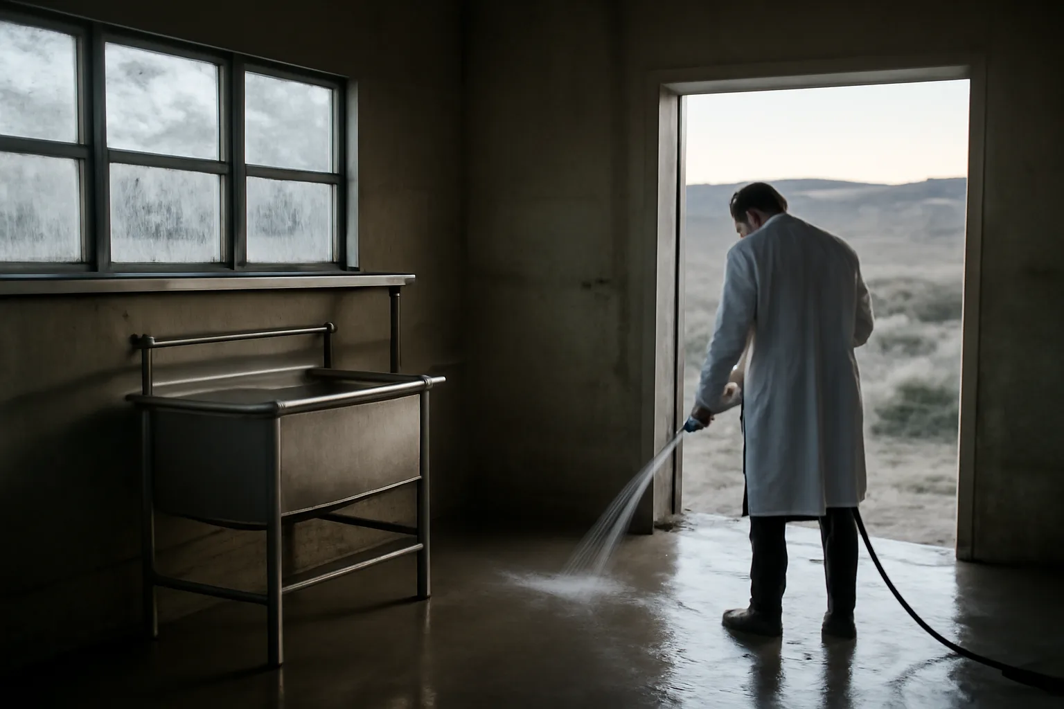 Worker rinses a Colorado custom exempt slaughter room in morning light