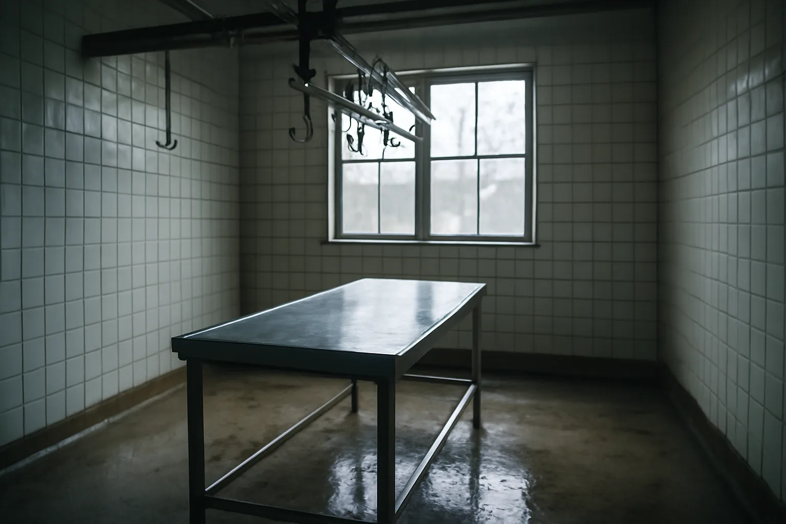 Empty custom slaughter room in a Connecticut barn at dawn