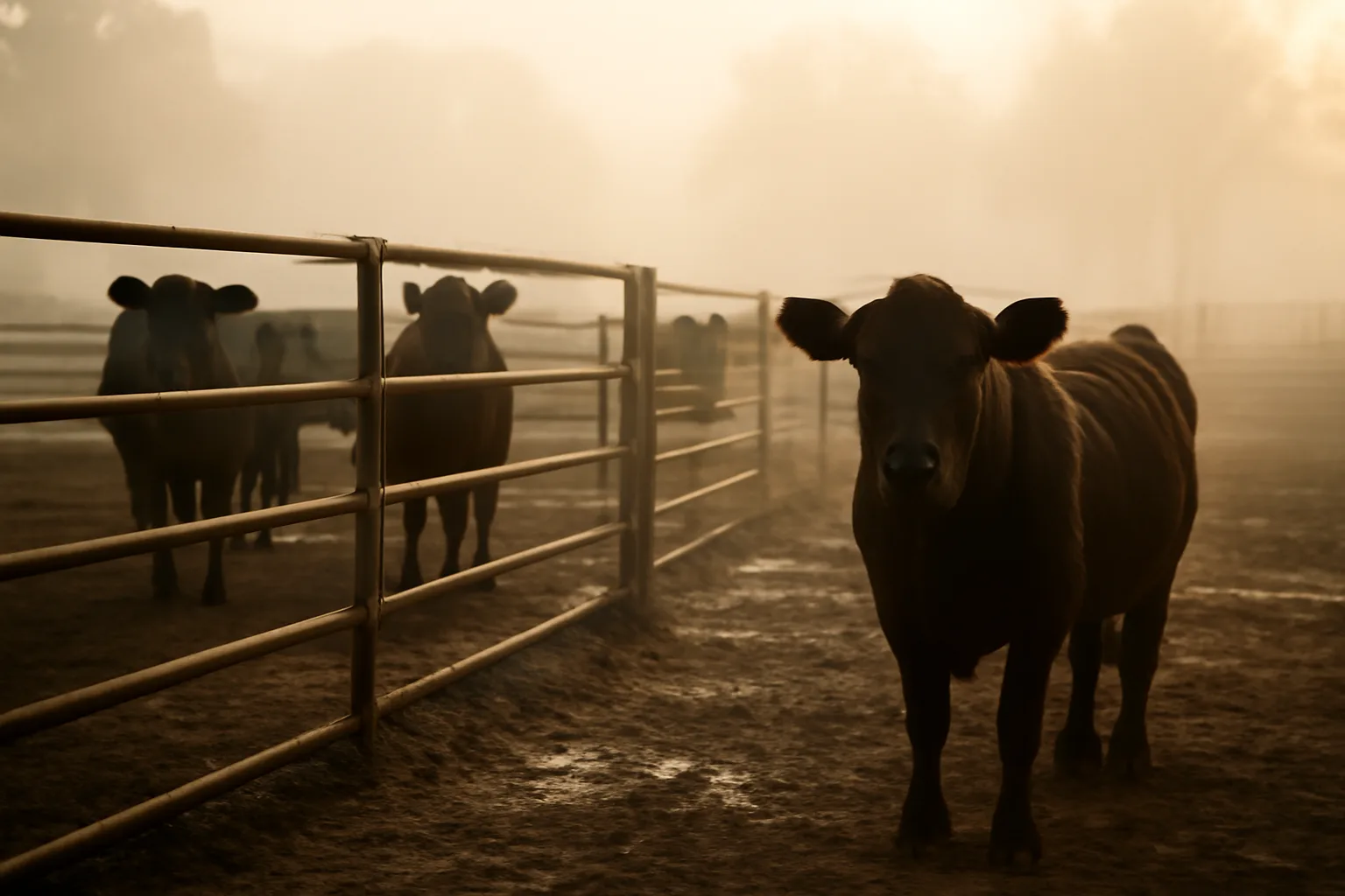 Cattle stand in a foggy Georgia lot before custom slaughter