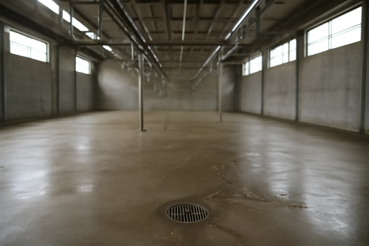 Empty Iowa custom exempt slaughter room with wet floor and rail