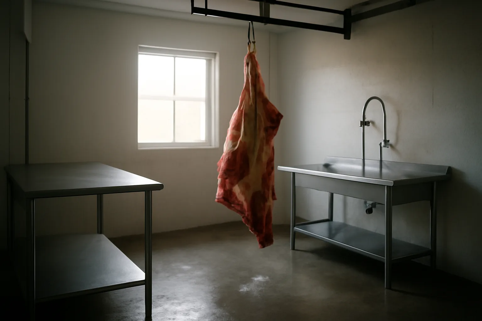 Arkansas custom exempt slaughter room with hanging beef and stainless steel table