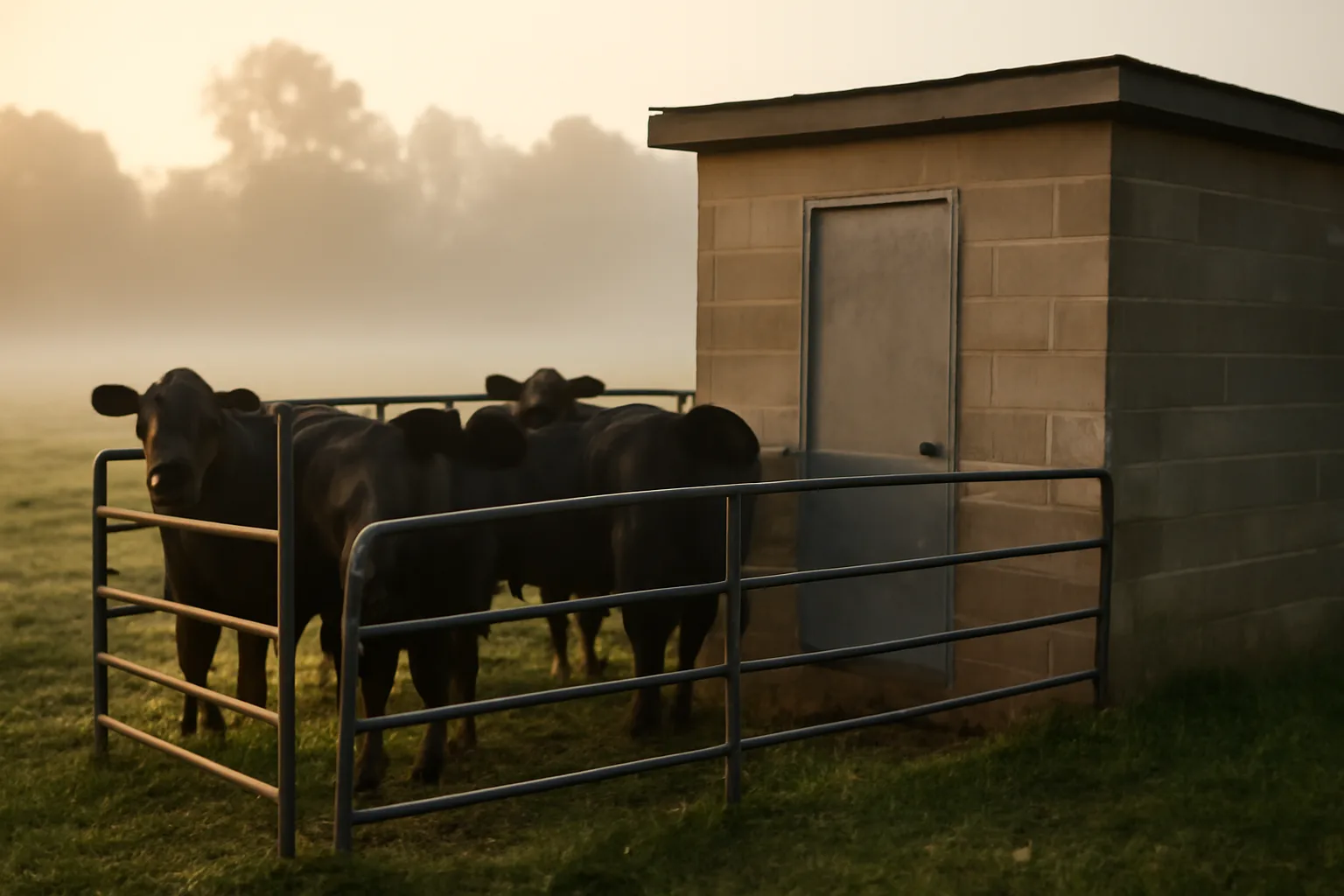 Cattle wait by a small Delaware custom slaughter barn at dawn