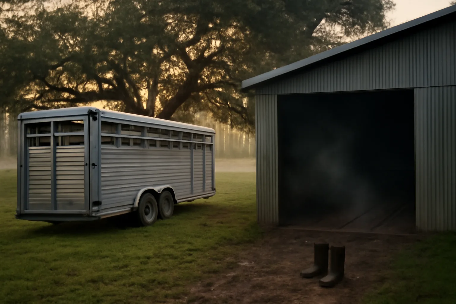 Livestock trailer beside a rural Louisiana custom slaughter building at dawn